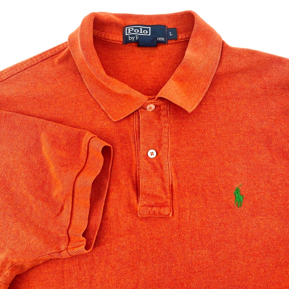 Vintage Polo Ralph Lauren Fall Orange Pique Polo Shirt Mens L Green Pony